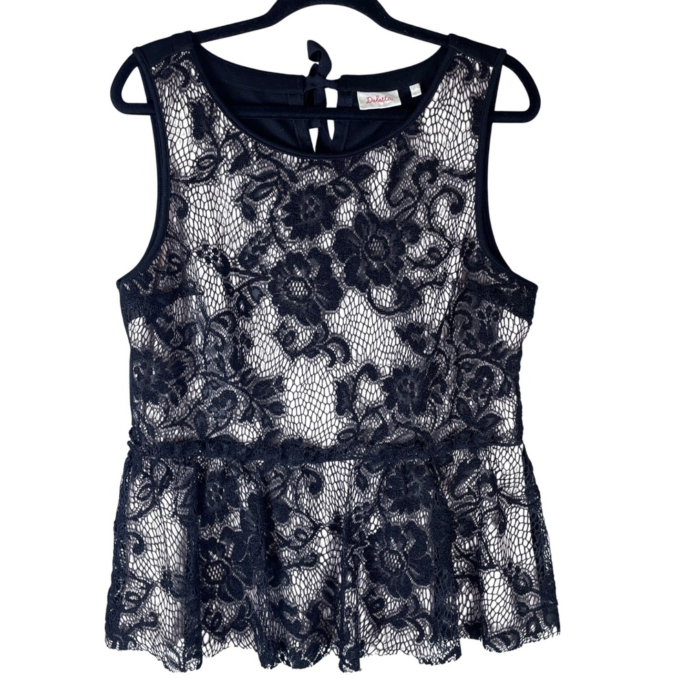 Deletta Anthropologie Peplum Top Womens L Black Lace Sleeveless Floral Romantic